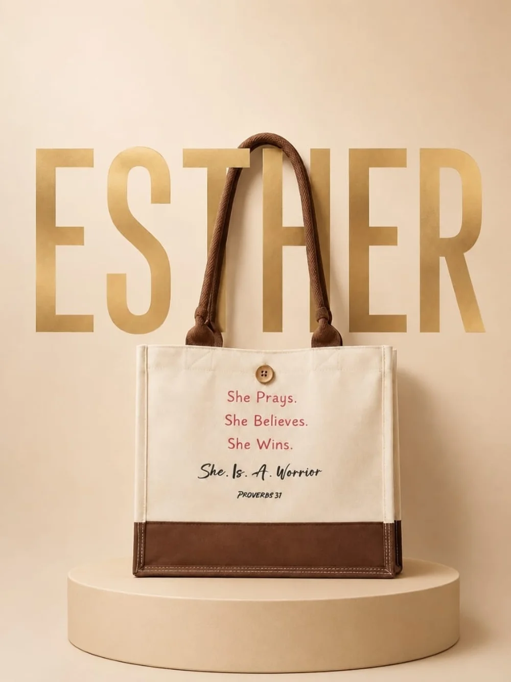 Canvas Tote Bag - Cream with Brown Accents